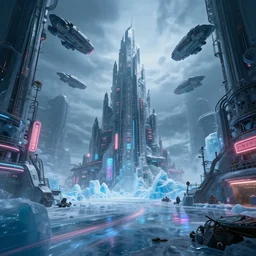 industrial futuristic ice mine, with spaceships in the sky, long exposure, neon signs, tall shard structure in the centre of the background, cinematic, epic, 4 k, concept art by robert mccall