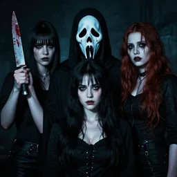 artgerm, joshua middleton, loish, samara weaving as slasher, horror movie, slasher movie, holding bloody knife, black hair