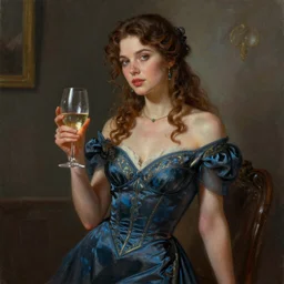 a detailed fantasy character painting of woman in the evening dress holding a wine glass, by lauri blank, artgerm, evelyn de morgan, 8K, 50mm lens