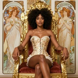 beautiful african goddess with an afro, sitting on an royal throne, wearing corset, inspired by skai jackson, inspired by alphonse mucha and brom art