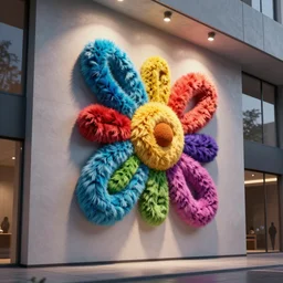 : colorful abstract furry sculpture on the wall in modern architecture, cinematic lighting, hyper - realistic, detailed, render by c 4 d octane, unreal engine, 8 k 3 d render