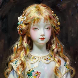 portrait of a porcelain doll, illustration by Brian Froud and John Bauer, Art Nouveau composition