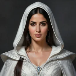 head-on centered symmetrical painted portrait, Katrina Kaif as a D&D Sorcerer, hood, intricate white and grey fantasy robes, fantasy, intricate, elegant, highly detailed, digital painting, smooth, sharp focus, illustration, dramatic lighting, artstation, in the style of Artgerm and Anna Podedworna and Alex Ross