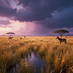distant cyberpunk wildlife on the african plains, long grass, sparkling water, glistening, twilight, dramatic clouds, extreme weather, hyper realistic, hyper detailed, digital art, trending in artstation, cinematic lighting, vibrant, studio quality, smooth render, unreal engine 5 rendered, octane rendered, by jesper ejsing, wlop, paul lehr