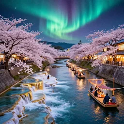 floating markets of times square river in kyoto kamo river during sakura season on thermal waters flowing down white travertine terraces during interstellar aurora borealis, gold waterfalls, vendors, festivals, fun, by peter mohrbacher, james jean, james gilleard, greg rutkowski, vincent di fate, rule of thirds, octane render, beautiful landscape