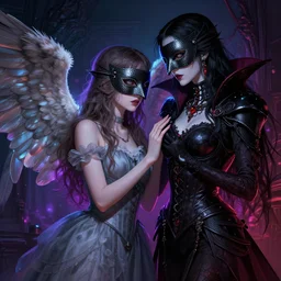 alterd carbon, masked angel protecting girl and a woman, vampre the masquerade, neon, detailed intricate render, dark atmosphere, detailed illustration, hd, 4 k, digital art, overdetailed art, surrealistic, by greg rutkowski, by loish, complementing colors, trending on artstation, deviantart