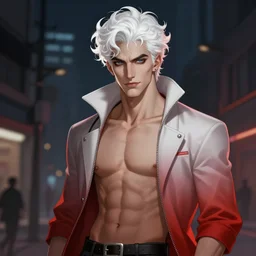 portrait of a beautiful young fit male vampire with curly white hairs, dressed with urban clothes, by greg rutkowski and alphonse mucha, d & d character, gradient white to red, modern nocturnal background, highly detailed portrait, digital painting, artstation, concept art, smooth, sharp focus ilustration, artstation hq