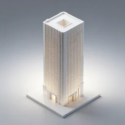 architectural model, isometric view, studio lighting, low contrast, brightly lit studio, highly detailed, tall stacked boxes, futuristic, large windows, courtyard, gabled roof, square house, on a cliff, tree