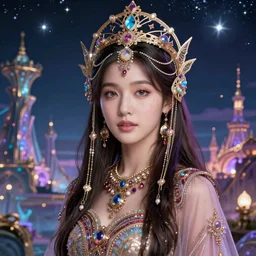 masterpiece portrait charming and miracle female luxury astromancer boho accessories in dreamlike movie, kpop, miracle, high detailed face, art by artgerm, greg rutkowski, sasoura, satchely, big major starry sky and atlantis city in background, uhd, medium long shot, fantasy, twlight, no distorsion, sharp focus