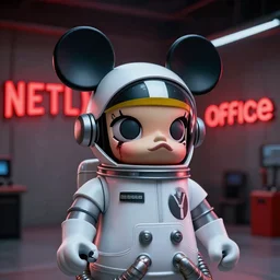 mechanics with astronaut helmets operating on a large mickey mouse doll head with a bloody cheek! red glowing netflix office sign in background, beeple!!, minimal, movie still in in private car garage, futuristic dystopian