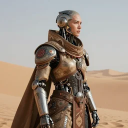 atreides cyberpunk futuristic, armour decorated with traditional dune ornaments with cybernetic enhancements, scifi character portrait by greg rutkowski, craig mullins, cinematic lighting, dystopian scifi outfit, profile picture, mechanical, cyborg, half robot ultra realistic 8 k resolution.