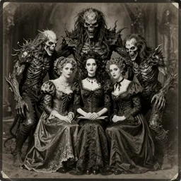 vintage photograph monochrome plate, monstrous mutant victorian family of hellraiser cenobite people posing with grotesque lovecraftian god monsters, distressed old photo, slight sepia tone, horror, madness