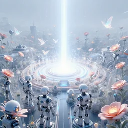 a centered render digital materverse utopia, shining its light across a tumultuous sea of digital robot flowers and fairy, cyber punk, futurism, unreal engine, high detailed, 8 k, magic hour - s 3 7 2 4 3 1 3 3 2 0