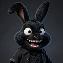 A extremely highly detailed majestic hi-res beautiful, highly detailed head and shoulders portrait of a scary terrifying, horrifying, creepy goofy evil black cartoon rabbit with scary big eyes, earing a shirt laughing, hey buddy, let's be friends, in the style of Walt Disney