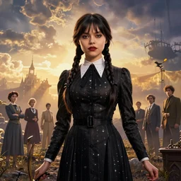 dark beautifull hyper realistic wednesday addams, beauty, golden hour, gorgeous lighting by kim jung giu weta studio, mucha, bautista and norman rockwell and greg rutkowski and tom bagshaw and james gurney and lucasfilm