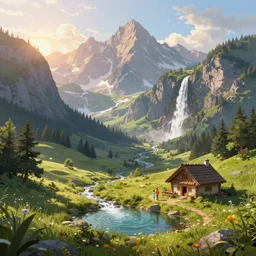 a beautiful fantasy landscape, mountain in background, a waterfall in the mountains, little cottage, cute couple, small pond, some trees in the corner, sunrise, hyper realism, octane art, art by philipp urlich