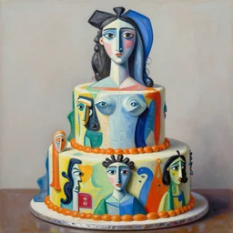 intricate five pepe birthday cake by pablo picasso, oil on canvas, hdr, high detail, photo realistic, hyperrealism, matte finish, high contrast, 3 d depth, centered, masterpiece, vivid and vibrant colors, enhanced light effect, enhanced eye detail, artstationhd
