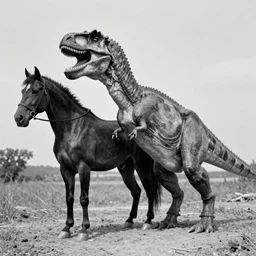 t rex and a [ horse ] wearing high heels, strange, black and white photograph, 1 8 5 0 s