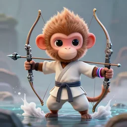 cute lonely martial arts monkey, hold mechanical bow and arrow, wearing off - white style, with depth of field octane, neon hand sports bracelet, standing on the water ground, with splatoon style, smoke war, comic paint, anorld render, unreal engine render, vfx, octane render, highly quality, artstation, 4 k,