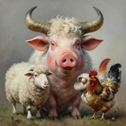 a hyper detailed painting of an anthropomorphic joaquin phoenix, cow horns, pig nose, sheep wool, chicken feathers, horror, by anna podedworna, by miklos ligeti, by diego maricato, by taran fiddler, by antonino truisi, by chris reddie, on artstation