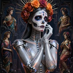beautiful crying android! woman deity. ethereal, elegant portrait, fantasy, blade runner, pose, photorealistic, interstellar, intricate detailed environment. ( el dia los muertos ), 8 k, hd. photo by terry o'neil and artgerm and greg rutkowski and alphonse mucha and loish and wlop