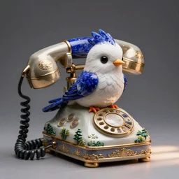 stylized dynamic sculpture of a white and lapis lazuli cute bird sitting on a vintage phone, beautiful studio lighting, ornamental , 35mm