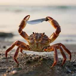 crab holding a knife!!! in its claw nature photography, golden hour