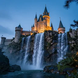 environment art, waterfall castle, blue hour