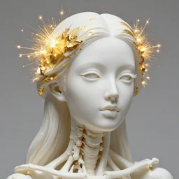 full head and shoulders, beautiful porcelain female person, smooth, delicate facial features, white detailed eyes, white lashes, 3 d white anatomical bones, large electrical gold sparks, gold leaf and glowing lightening, by daniel arsham and james jean
