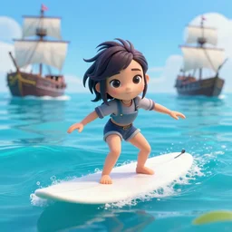 a beautiful round faced emo girl with beautiful eyes surfing in a magical blue lagoon, pirate ships, clear water, palm trees, digital illustration, art by greg rutkowski, intricate, elegant, smooth, amazing detail, concept art, sharp focus, detailed face