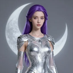 portrait of young slim prophetess of the moon, silver filigree armor, purple hair, translucent skin, beautiful! coherent! by brom, by junji ito, strong line, high contrast, muted color