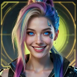 cyberpunk full shot, looking front, very detailed, cgsociety, artstation, female, grinning, colored locks of hair, clean, symmetry, blue eyes, intricate, impossible beauty, eye implant bionic, ponytail, staring in the void, art by krenz cushart and artem demura and alphonse mucha