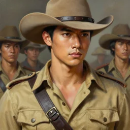 smart and handsome the most famous thai actor dressed as hunter in armed, close - up portrait, with 6 0 s khaki western hat, khaki safari hunter costume, intricate, elegant, loin cloth, highly detailed, oil painting, artstation, concept art, matte, sharp focus, illustration, hearthstone, art by earl norem and lixin yin and denys tsiperko and bogdan rez