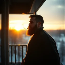 lomographic tarkovsky film still of 4 0 years russian man with beard and sweater standing on small hrushevka 9 th floor balcony full with cigarette smoke in winter taiga looking at sunset, perfect faces, fine details, cinestill, bokeh