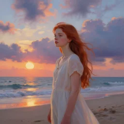 a red haired young girl beach surreal photography, sunrise, dramatic light, impressionist painting, colorful clouds, digital painting, artstation, simon stalenhag