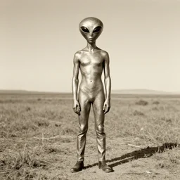 vintage photograph of a roswell alien, full body, sepia