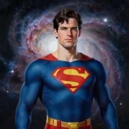 a nebula powered male dressed as a superhero. space background, dynamic lighting, clean elegant painting, beautiful detailed face. by artgerm and greg rutkowski and alphonse mucha, 4 k