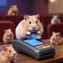 photo of a hamster holding a credit card, on a contactless payment terminal, in a cinema, various poses, unedited, soft light, sharp focus, 8 k
