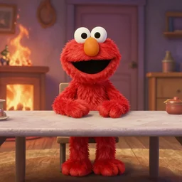 Elmo sitting a table the room around him on fire, Elmo is calm thinking this is fine