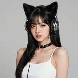 realistic beautiful gorgeous natural cute Blackpink Lalisa Manoban black hair cute fur black cat ears, wearing white camisole, headphones, black leather choker artwork drawn full HD 4K highest quality in artstyle by professional artists WLOP, Taejune Kim, Guweiz on Artstation Pixiv