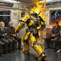 runs away from men on the subway, composition gothic and futuristic, warhammer, cyber japan armor, more scars, yellow, fire storm, thunderstorm, the middle ages, highly detailed, artstation, moebius, jugendstil and classic japanese print, art rene magritte and kenton nelson
