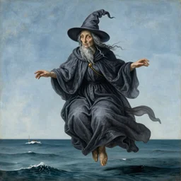 old wrinkled witch! levitating over the sea. El Greco, Remedios Varo, Salvador Dali, Carl Gustav Carus, John Atkinson Grimshaw. Blue tint. Symetrical, logo, geometric shapes.