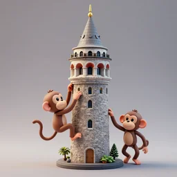 3 d rendering of a toy monkey climbing toy galata tower, substance painter, 3 d art, rendering, octane render, unreal engine, blender