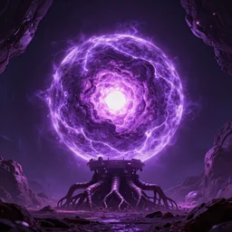 The purple core of a hollow planet, blazing hot energy core, purple ambiance, giant robotic roots going from the surface, the source of all energy and life