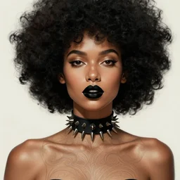 ultra realistic illustration, portrait a mixed lightskin woman, with black afro, with black lipstick, with a spikey choker around neck, intricate, elegant, highly detailed, digital painting, artstation, concept art, smooth, sharp focus, illustration, art by artgerm and greg rutkowski and alphonse mucha