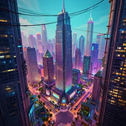 a big realistic detailed colorful vibrant photorealistic cyberpunk city, wires,