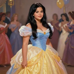 beautiful thirty year old woman with long black hair, tan skin, curvy hourglass figure, round cute face, slightly resembles selena gomez wearing a colorful disney princess gown at her birthday party. beautiful painting by artgerm