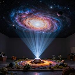 diy arts and crafts project of a quatum generator projecting galaxies and black holes on your ceiling, realistic materials, hyperrealistic