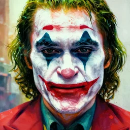 abstract portrait of the joker 2 0 1 9, city in the background, the joker movie 2 0 1 9, beautiful face and eyes, abstract art, rule of thirds, face symmetry, colourful spray paint splatters, expressive, fine art, by greg rutkowski, by jeremy mann, by francoise nielly, 8 k, correct body proportion, vivid abstract style