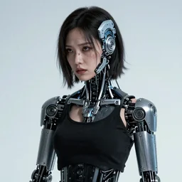 grainy photo of an ugly woman, wearing bionic implants, cyborg criminal,